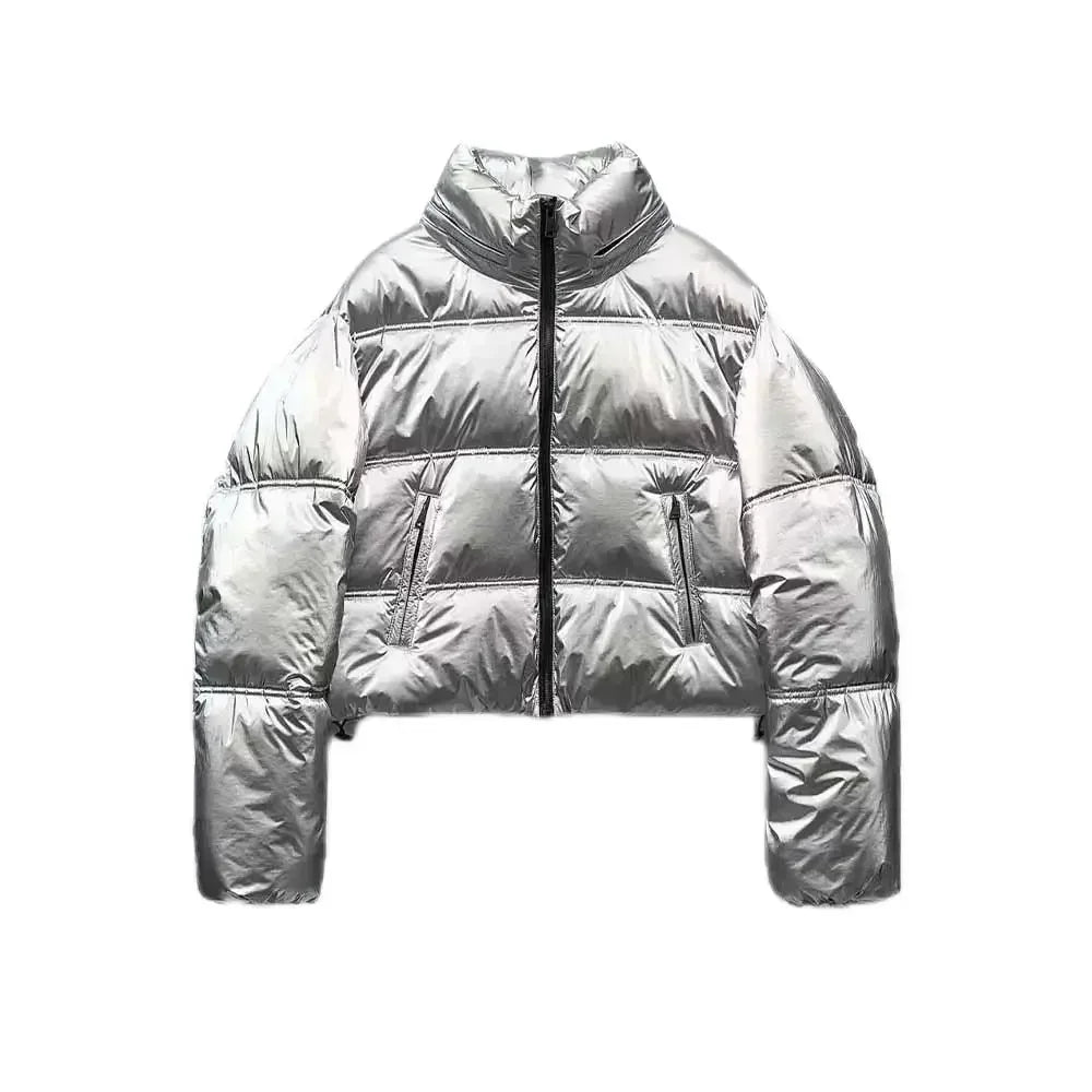 Women 2023 Winter Fashion Metal series Cropped Solid Warm Cotton Coat Vintage Long Sleeve Zipper Female Outerwear Chic Tops 