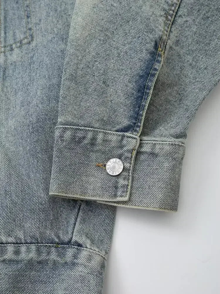 Women's new fashion flap pocket decoration loose single breasted denim jacket coat retro Lapel long sleeved Female coat chic top