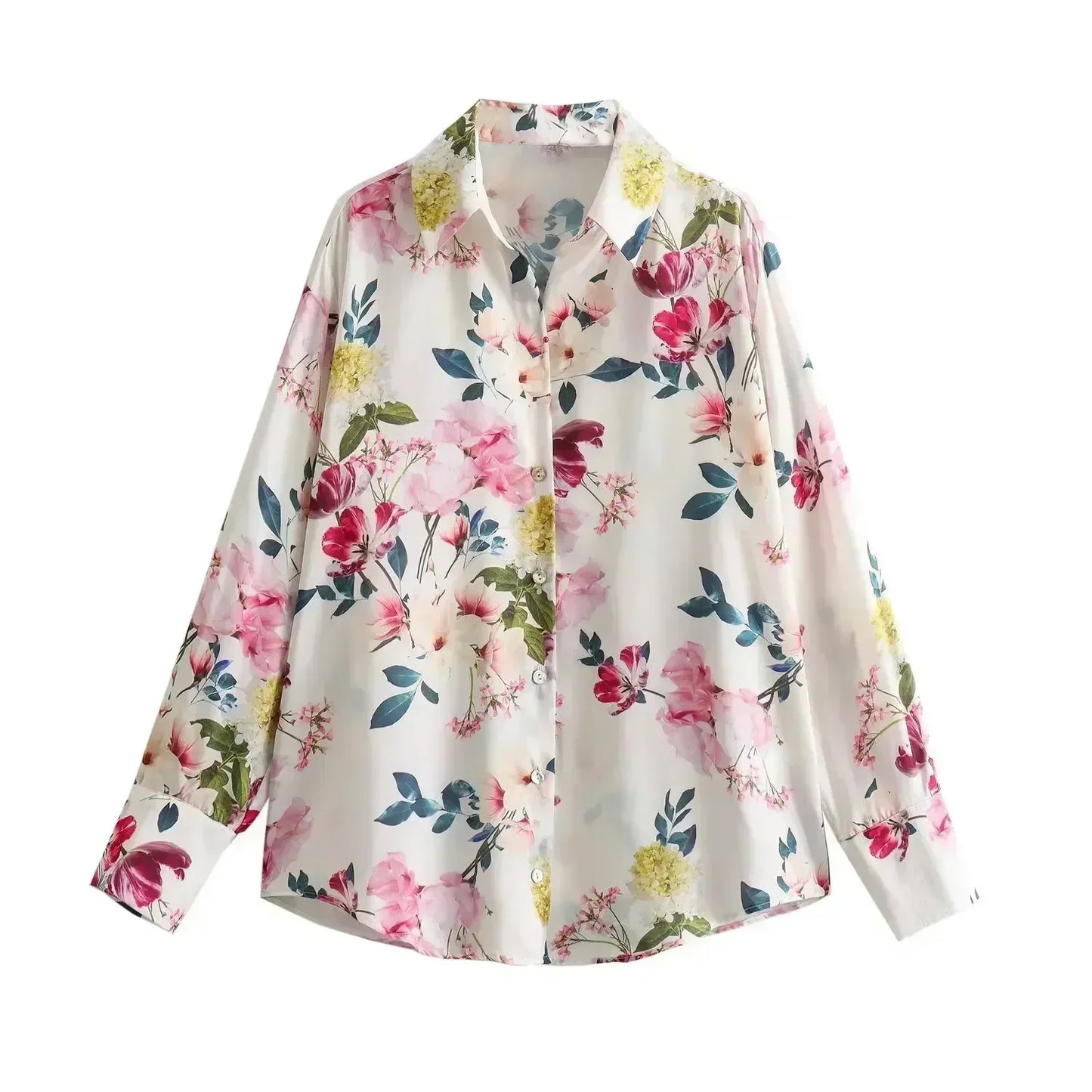 Women's new fashion loose satin texture shirt casual floral print shirt retro long sleeved Button up women's shirt chic top