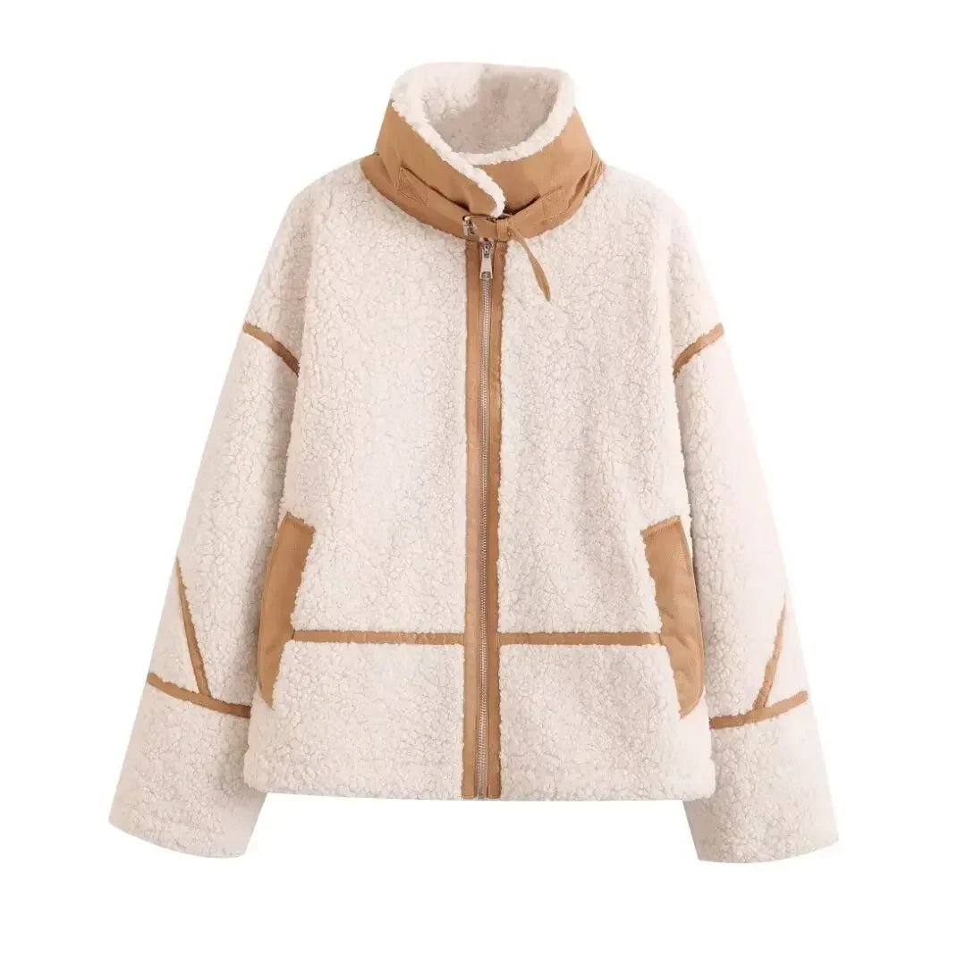 Women's new Fashion loose side pocket warm Fur Faux Leather stand collar jacket coat retro long sleeved women's coat chic top