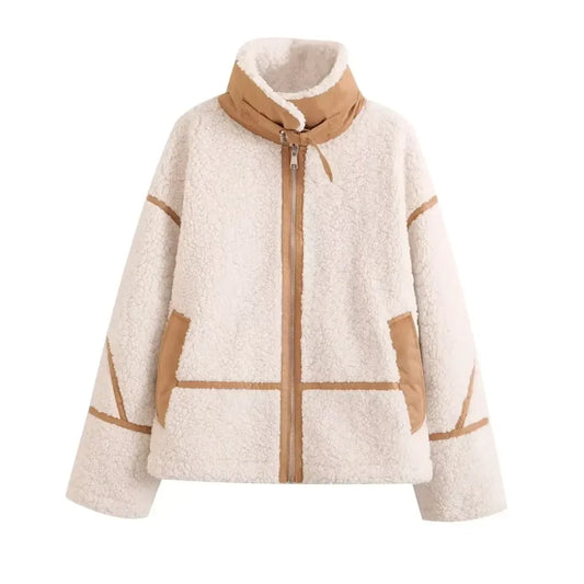 Women's new Fashion loose side pocket warm Fur Faux Leather stand collar jacket coat retro long sleeved women's coat chic top