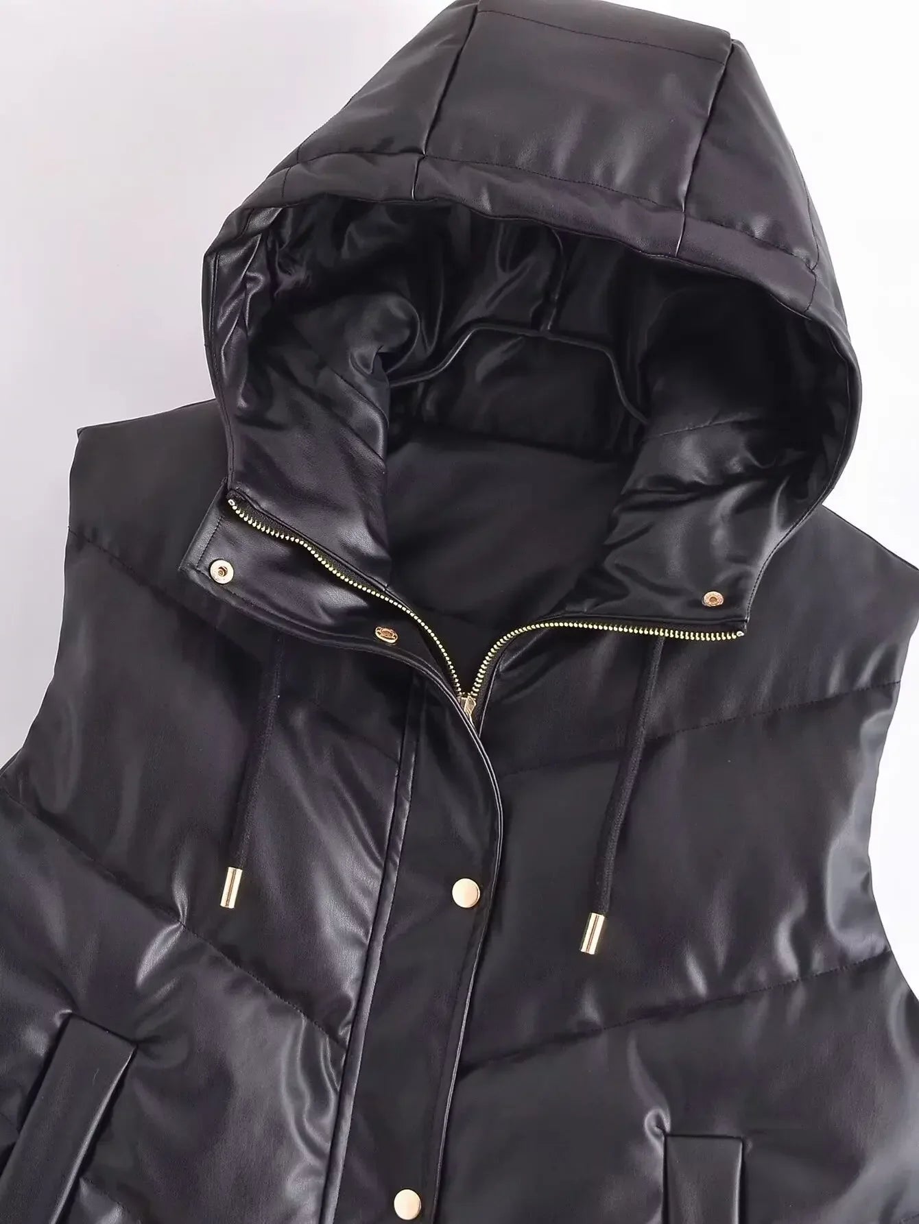 Women's new fashion side pocket casual black faux leather hooded Cotton vest retro sleeveless button up women's vest chic top