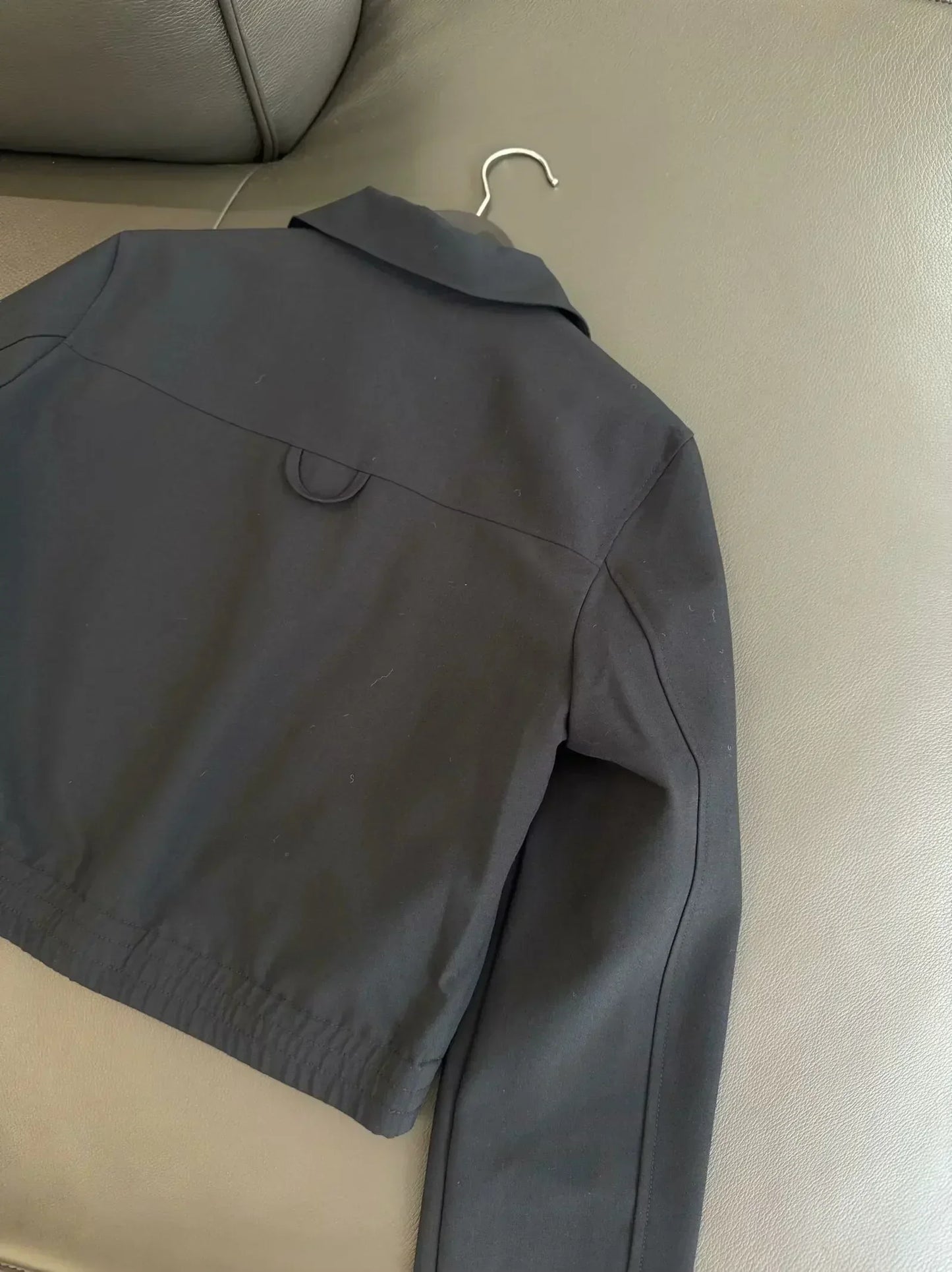 Women's new fashion side pocket decoration casual short lapel jacket coat retro long sleeved zipper women's coat chic top