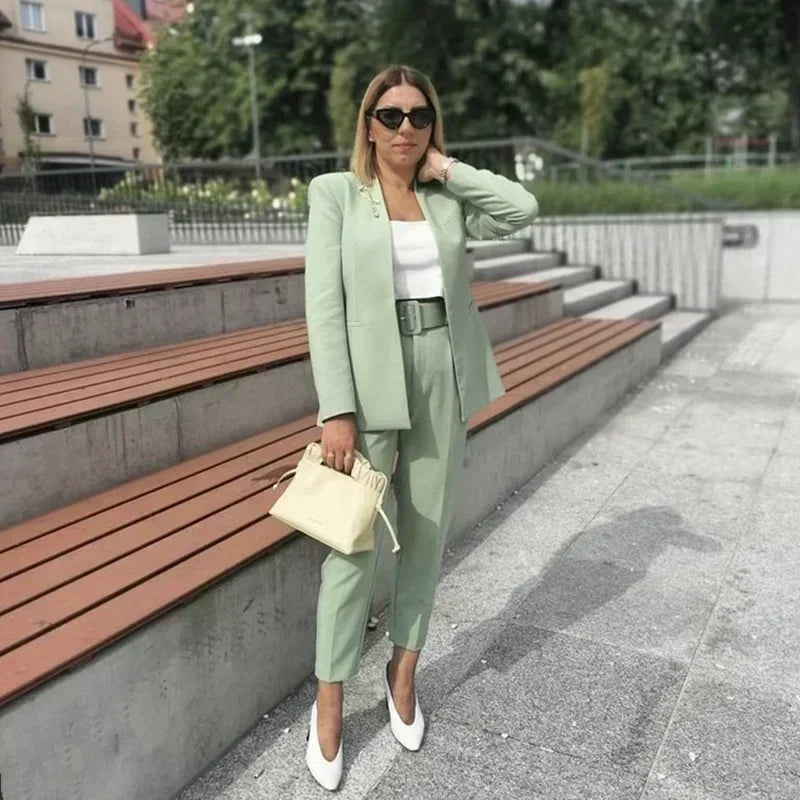 set Women 2 pieces 2023 New Fashion Collarless explosion Blazer Coat Vintage Belt suit pants Female Outerwear Chic 