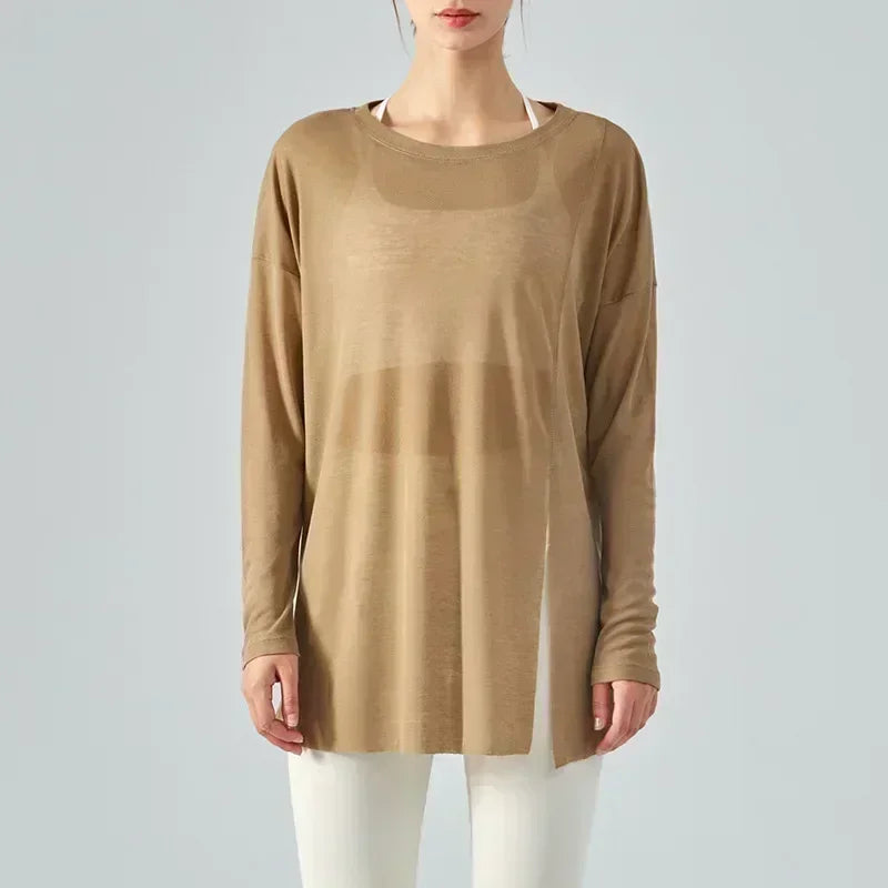 LU Women's New One-sided Split Long-sleeved Yoga Blouses Women's Summer Light Sports Tops Loose Running Fitness Clothes