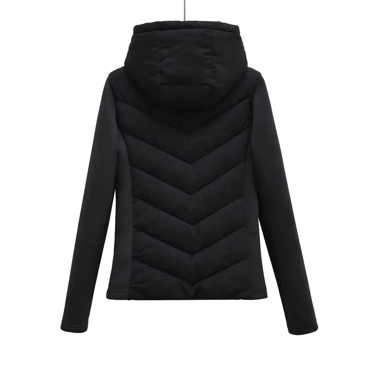 Women's winter new fashion black stand collar hooded patchwork cotton Coat retro long sleeved zipper women's jacket chic top
