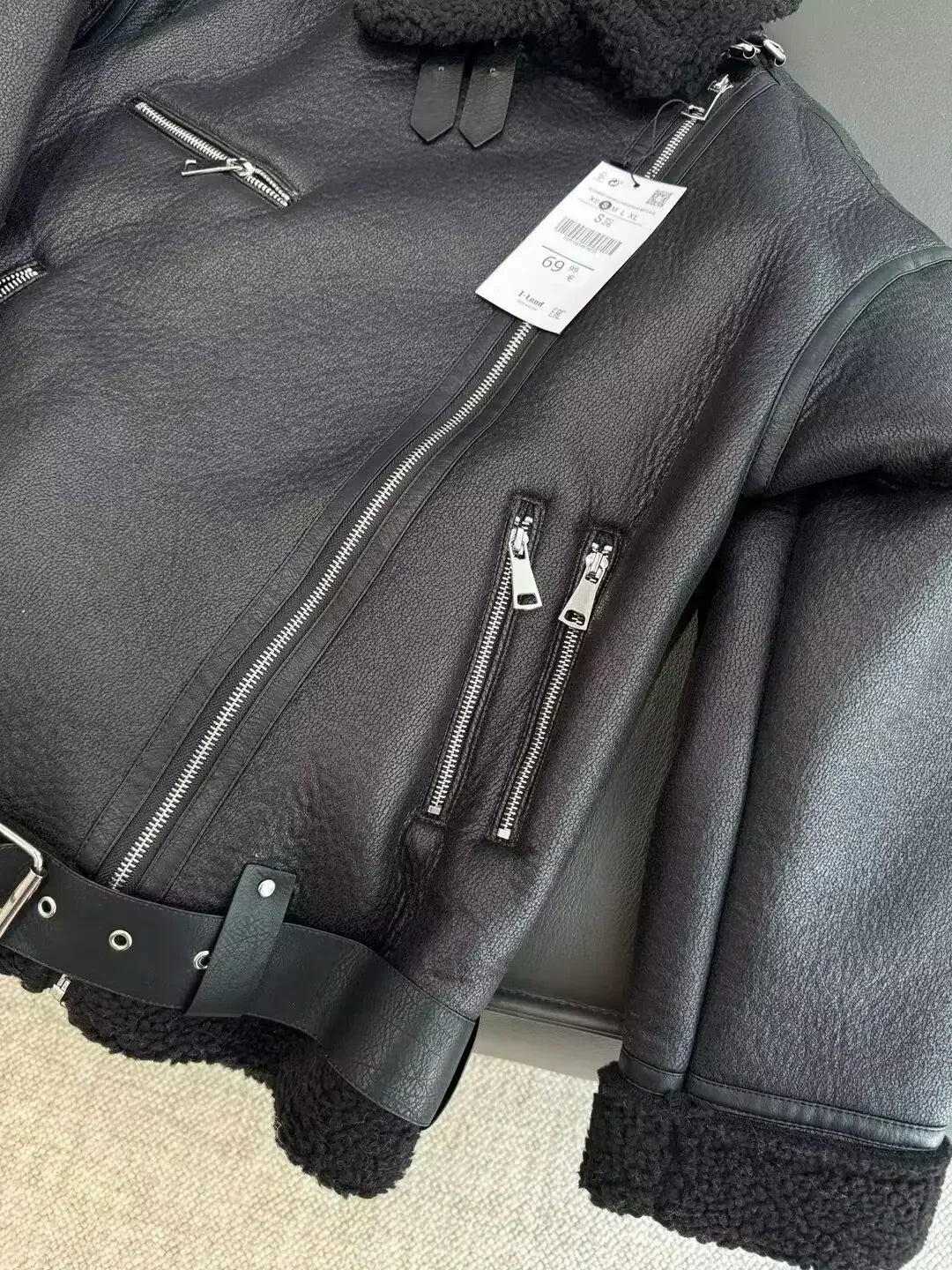 Women's New Fashion Double Zipper Pocket Design Loose Fur Artificial Leather Jacket Coat Retro Long Sleeve Women's Coat Chic Top