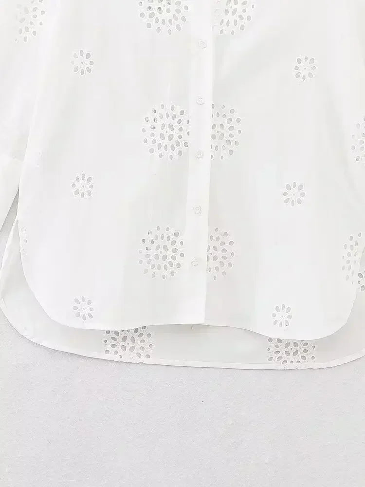 Women's New Fashion Hollow Embroidery Decoration Loose Asymmetric Shirt Retro Long Sleeve Button Women's Shirt Unique Top