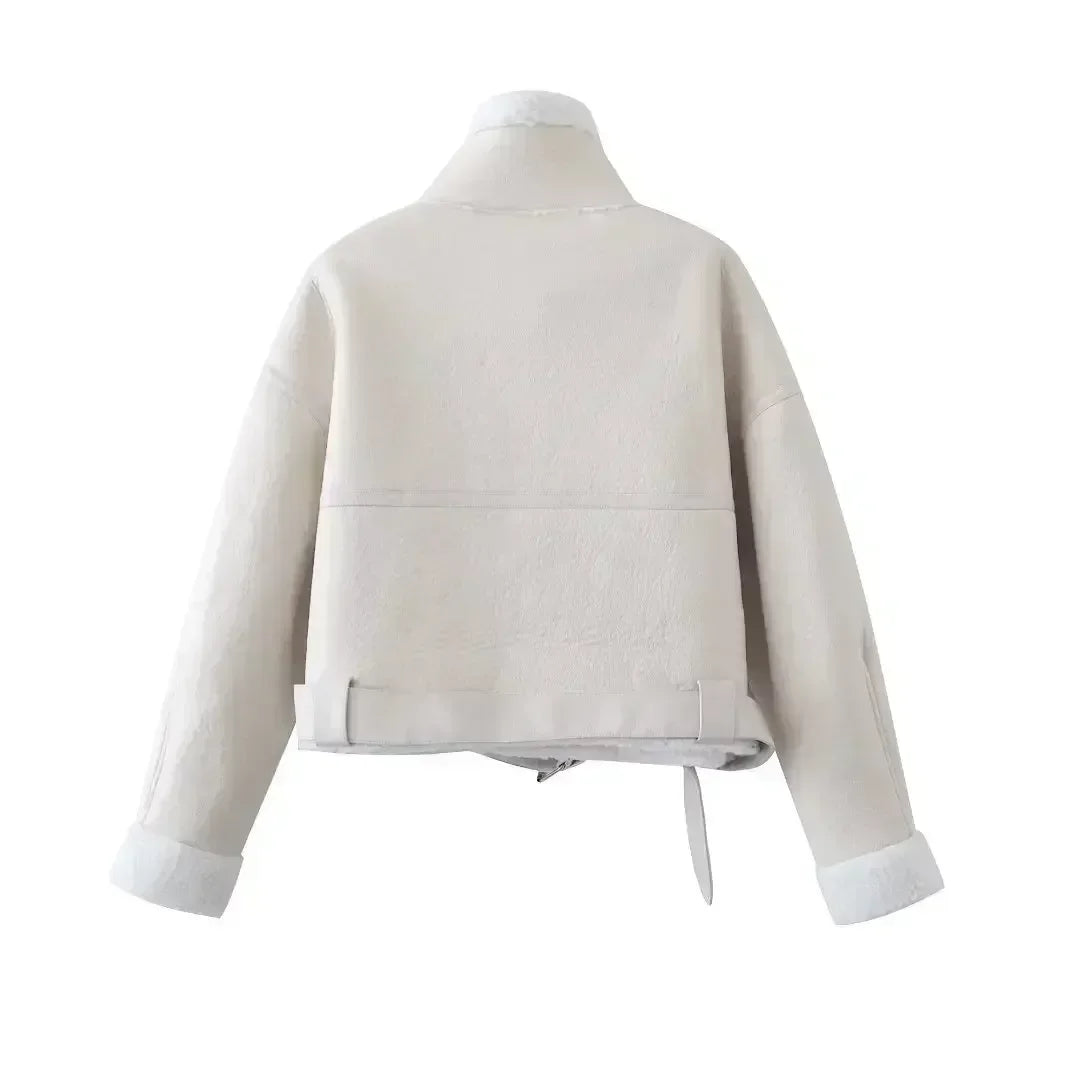 Women New Fashion With belt Cropped Fur Faux Leather Locomotive style Jacket Coat Vintage Long Sleeve Female Outerwear Chic Tops 