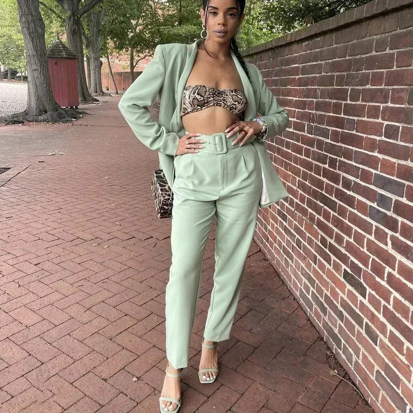 set Women 2 pieces 2023 New Fashion Collarless explosion Blazer Coat Vintage Belt suit pants Female Outerwear Chic 