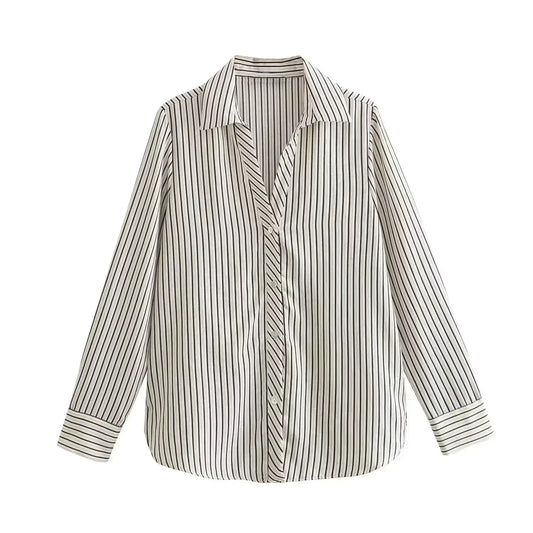 Women 2023 New Fashion Versatile style Striped casual Blouses Vintage Long Sleeve Button-up Female Shirts Chic Tops
