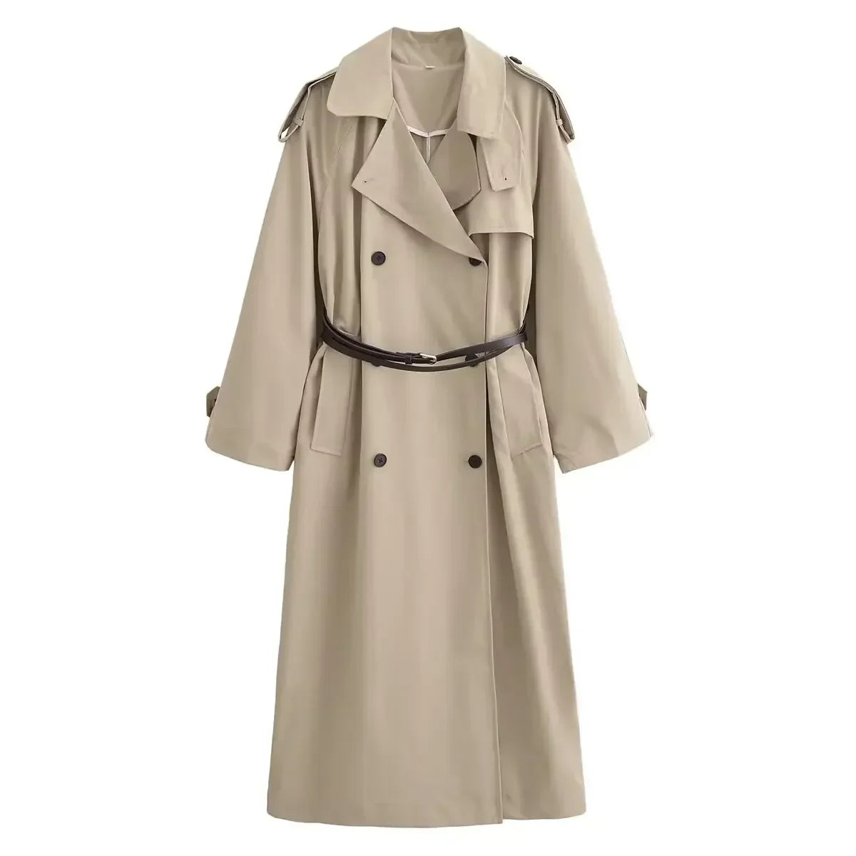 Women's new fashion with belt loose double breasted long style windbreaker coat retro long sleeved pocket women's coat chic top