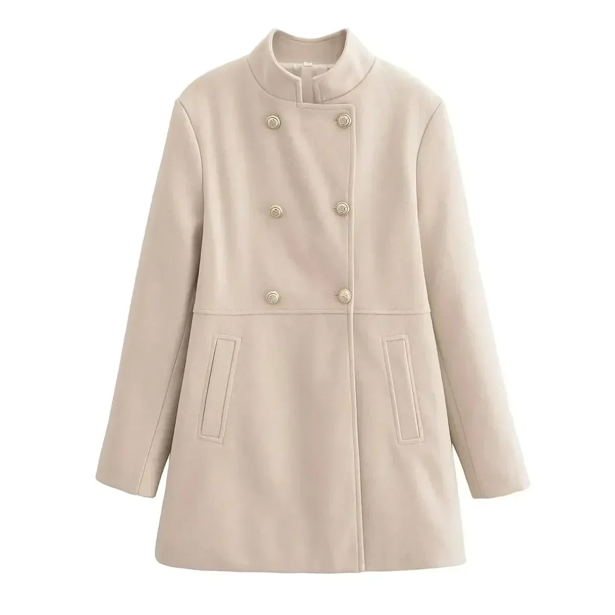 Women's new fashion gold double breasted decoration slim casual woolen coat retro long sleeved side pocket women's coat Chic top