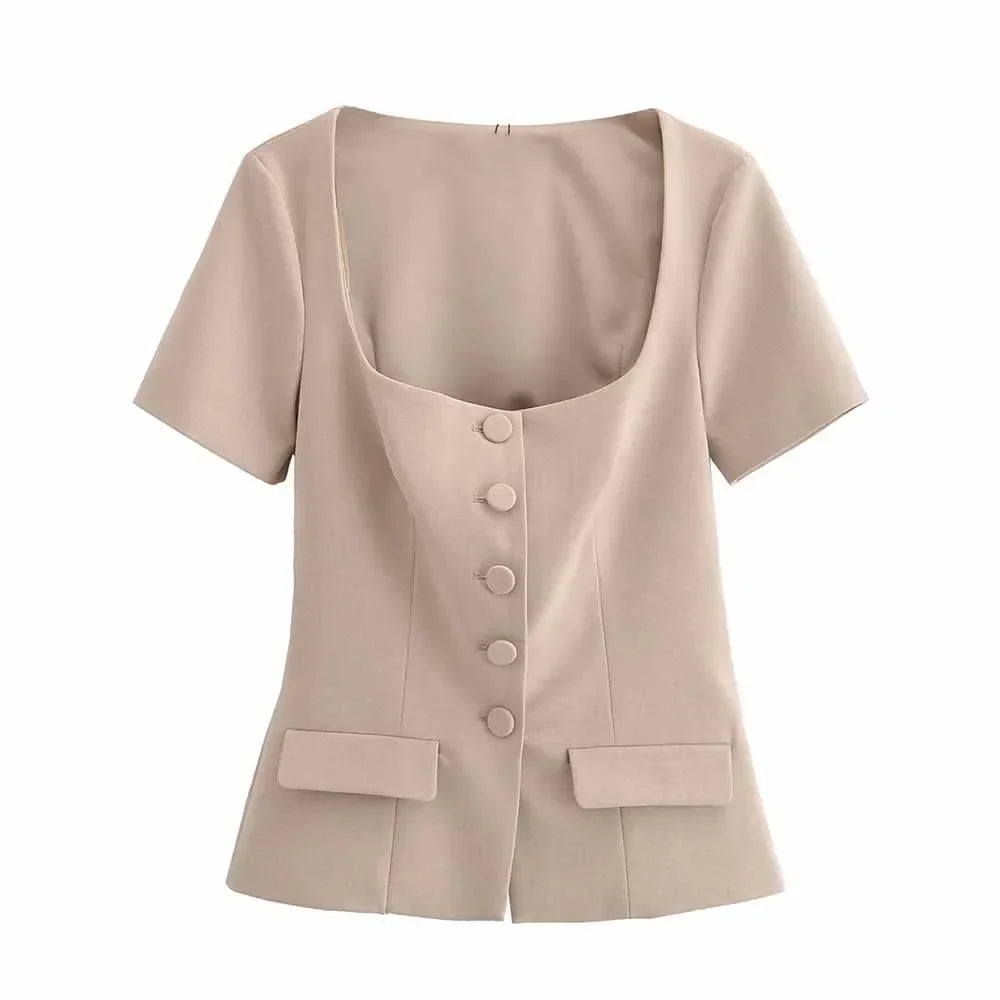 Women's new fashion flap decoration slim short square collar top retro short sleeved button up women's shirt chic top