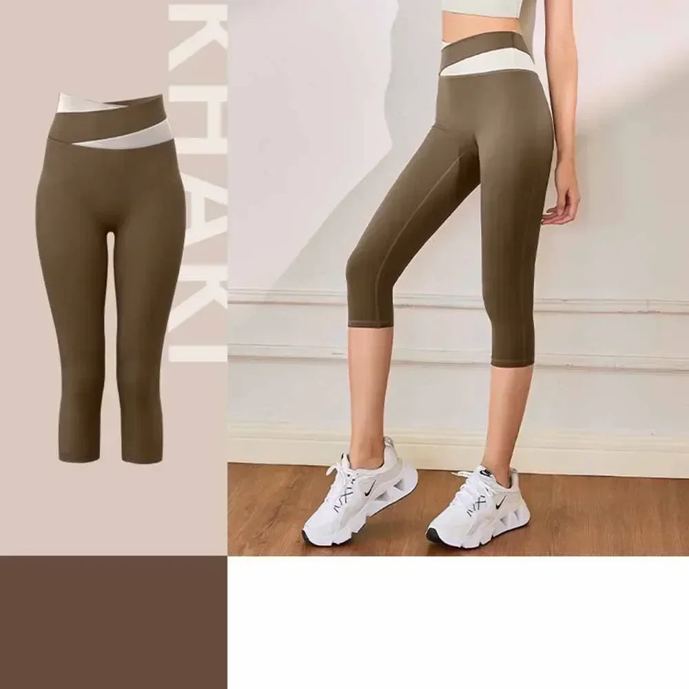 Women's High Elastic Nude Seven-point Yoga Pants Peach Color Matching High Waist Hip Lifting Exercise Pants 