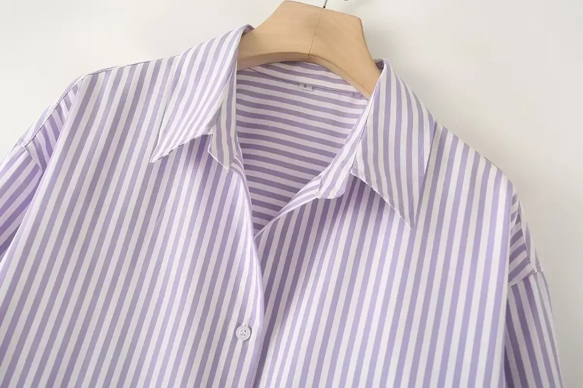 Women's new fashion loose basic style striped shirt casual single breasted lapel shirt retro long sleeved women's shirt chic top