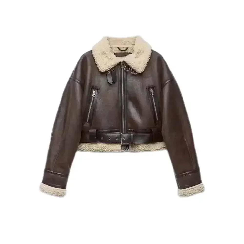 Women's new fashion Loose casual hort double-sided Fur Faux Leather jacket coat retro long sleeved zipper women's coat