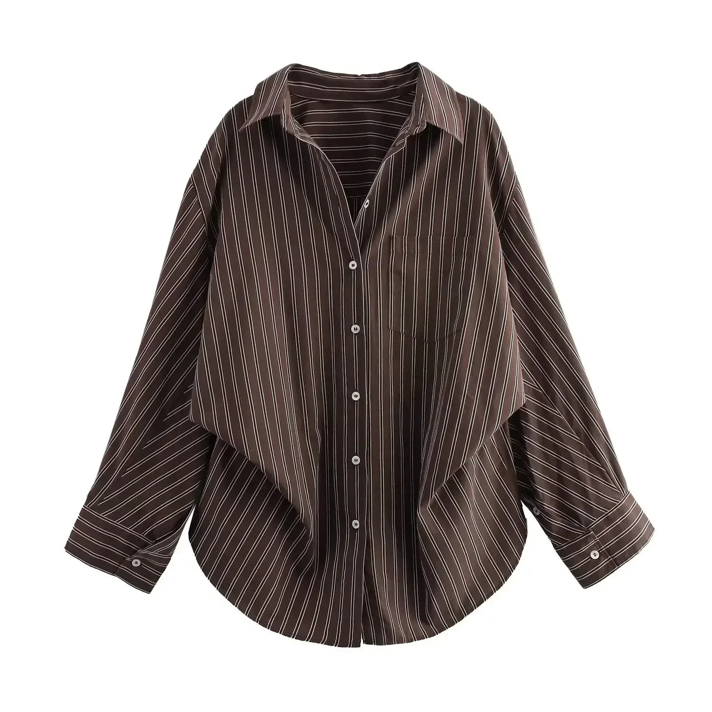 Women's new fashion pleated decoration loose single breasted casual striped shirt retro bat long sleeved women's shirt chic top