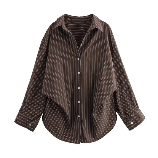 Women's new fashion pleated decoration loose single breasted casual striped shirt retro bat long sleeved women's shirt chic top