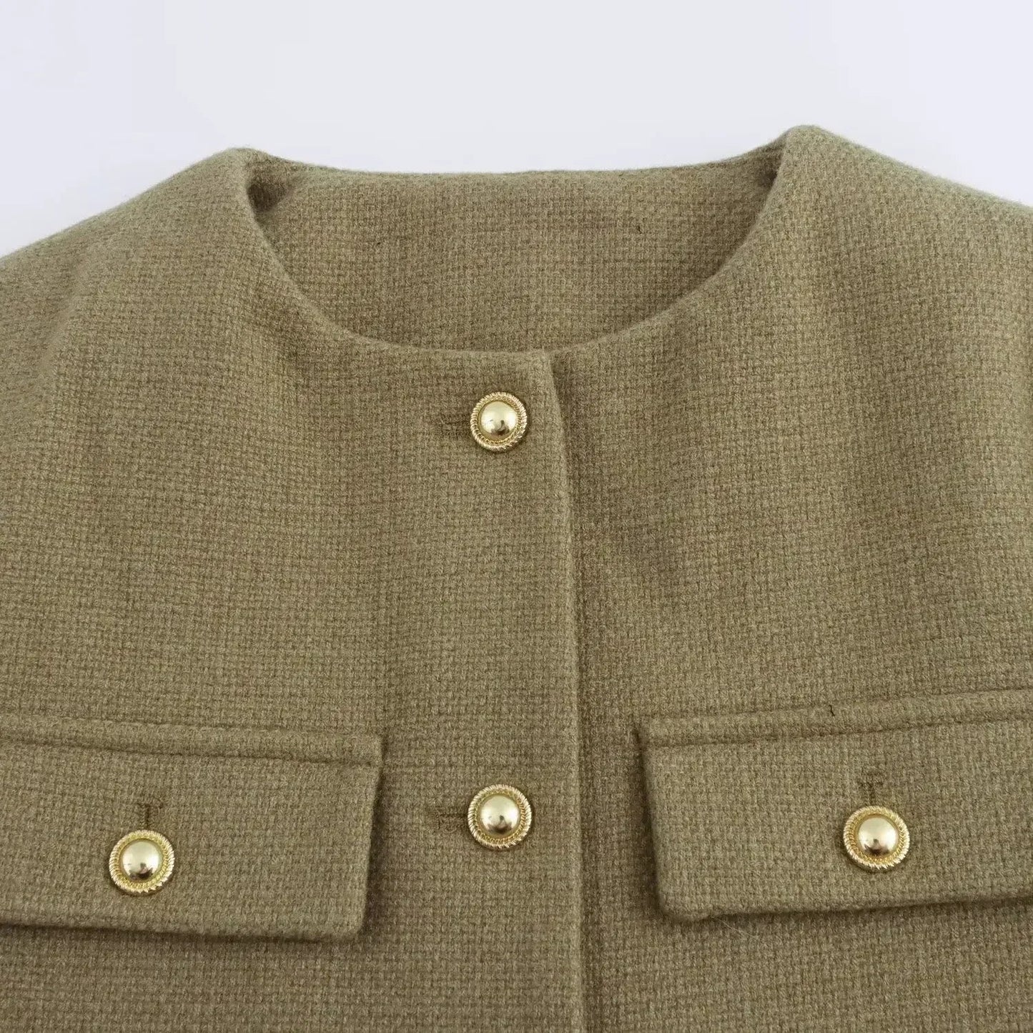 Women's new Fashion gold button flip decoration casual short O-Neck suit jacket coat retro long sleeved women's Coat chic top