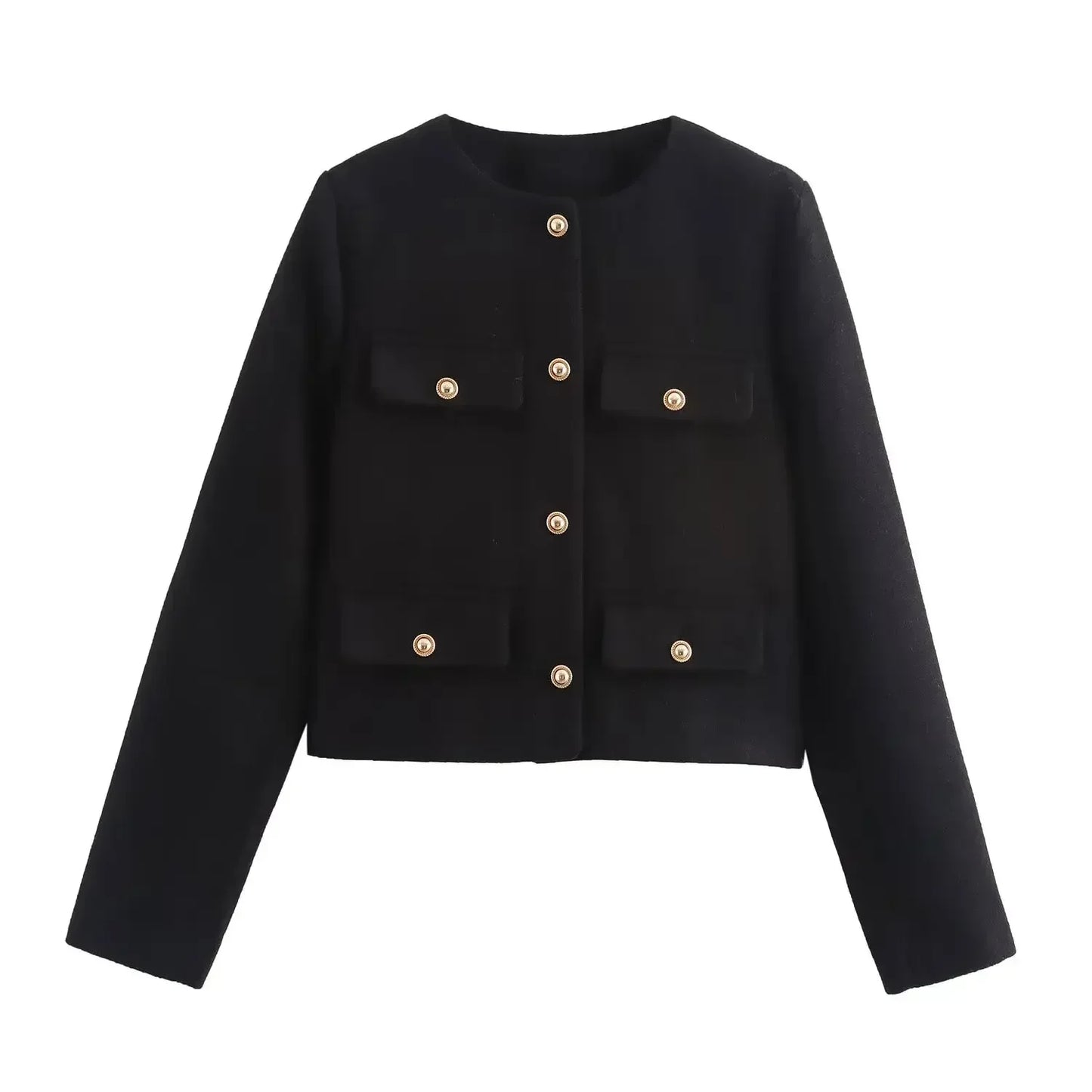 Women's new Fashion gold button flip decoration casual short O-Neck suit jacket coat retro long sleeved women's Coat chic top