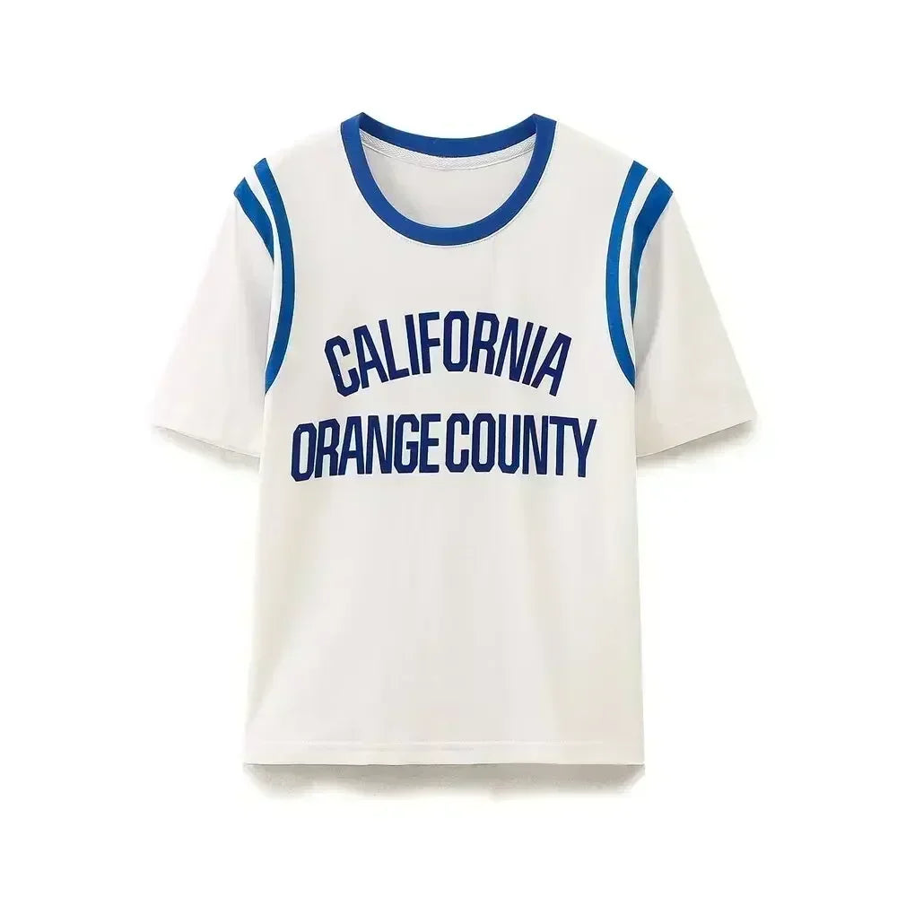 Women's New Fashion Printed Letter Decoration Loose O Neck T-shirt Contrasting Ribbed Short Sleeves Women's Tee Shirt Tops