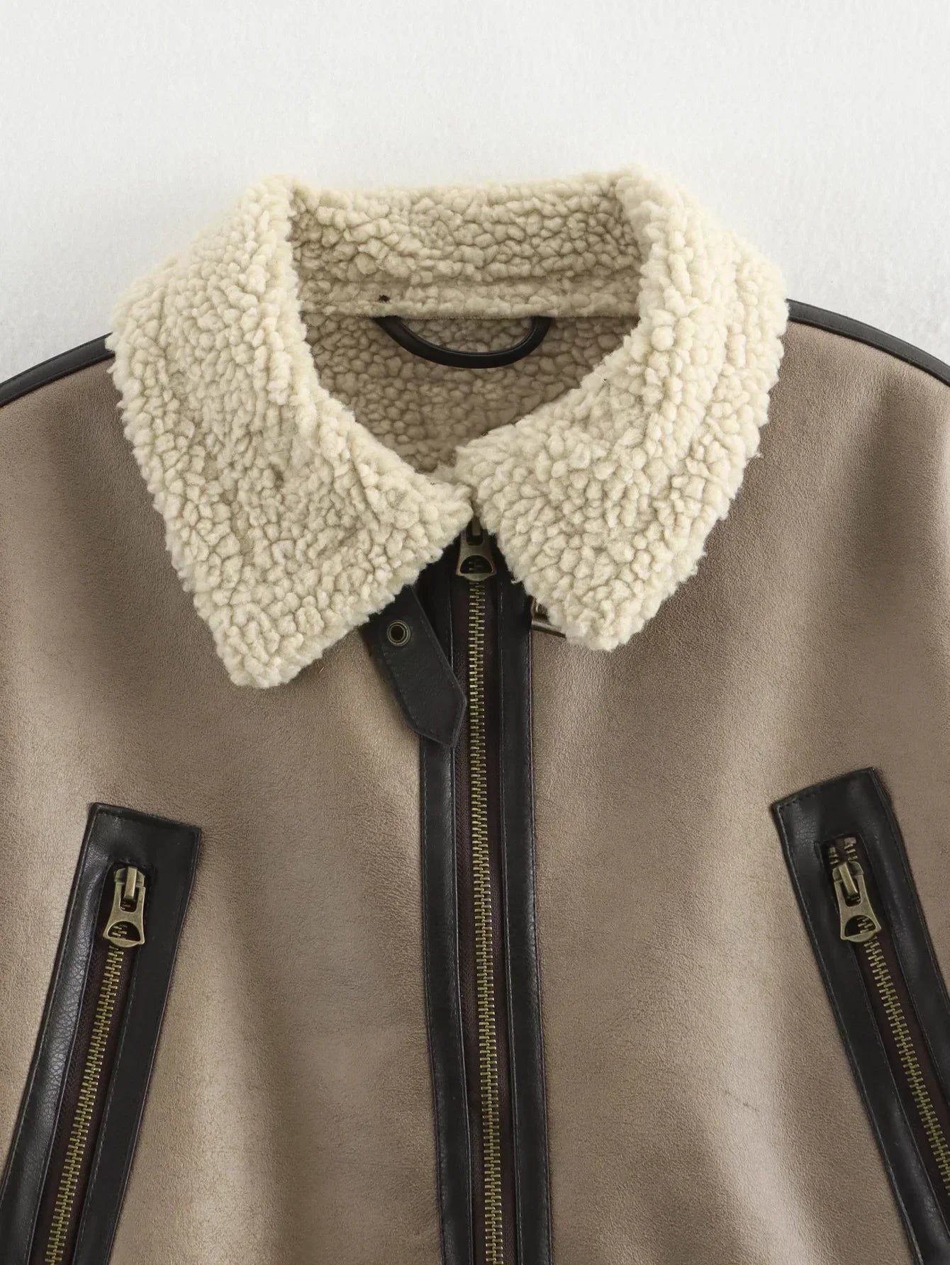 Women's new fashion with belt double-sided short Fur Faux Leather jacket retro long sleeved zipper pocket women's Coat chic top 