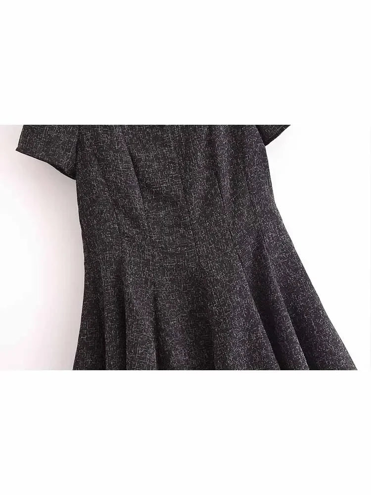 Women's new fashion slim versatile boat neck wide pleated MIDI dress retro short sleeved back zipper women's dress Mujer