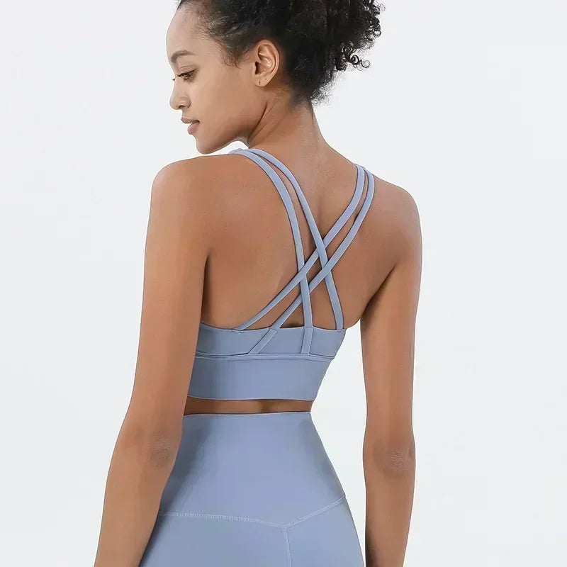 Yoga New Double-sided Sanding Cross Back Sports Bra Shockproof Gathered Yoga Bra Fitness.