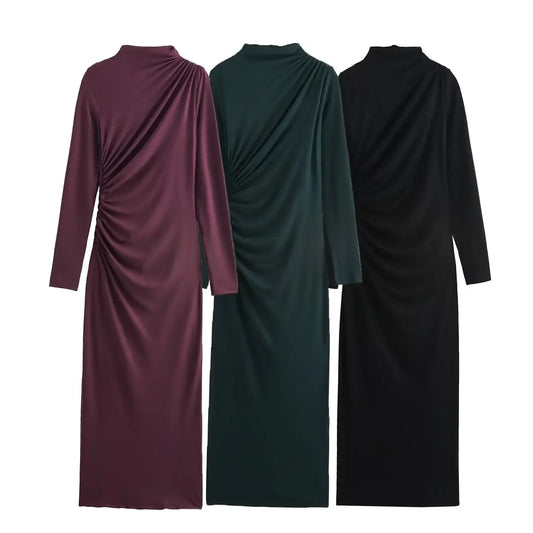 Women's new Fashion pleated decoration slim knitted half high neck MIDI dress retro long sleeved back zipper women's dress