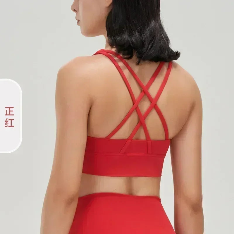Yoga New Double-sided Sanding Cross Back Sports Bra Shockproof Gathered Yoga Bra Fitness.