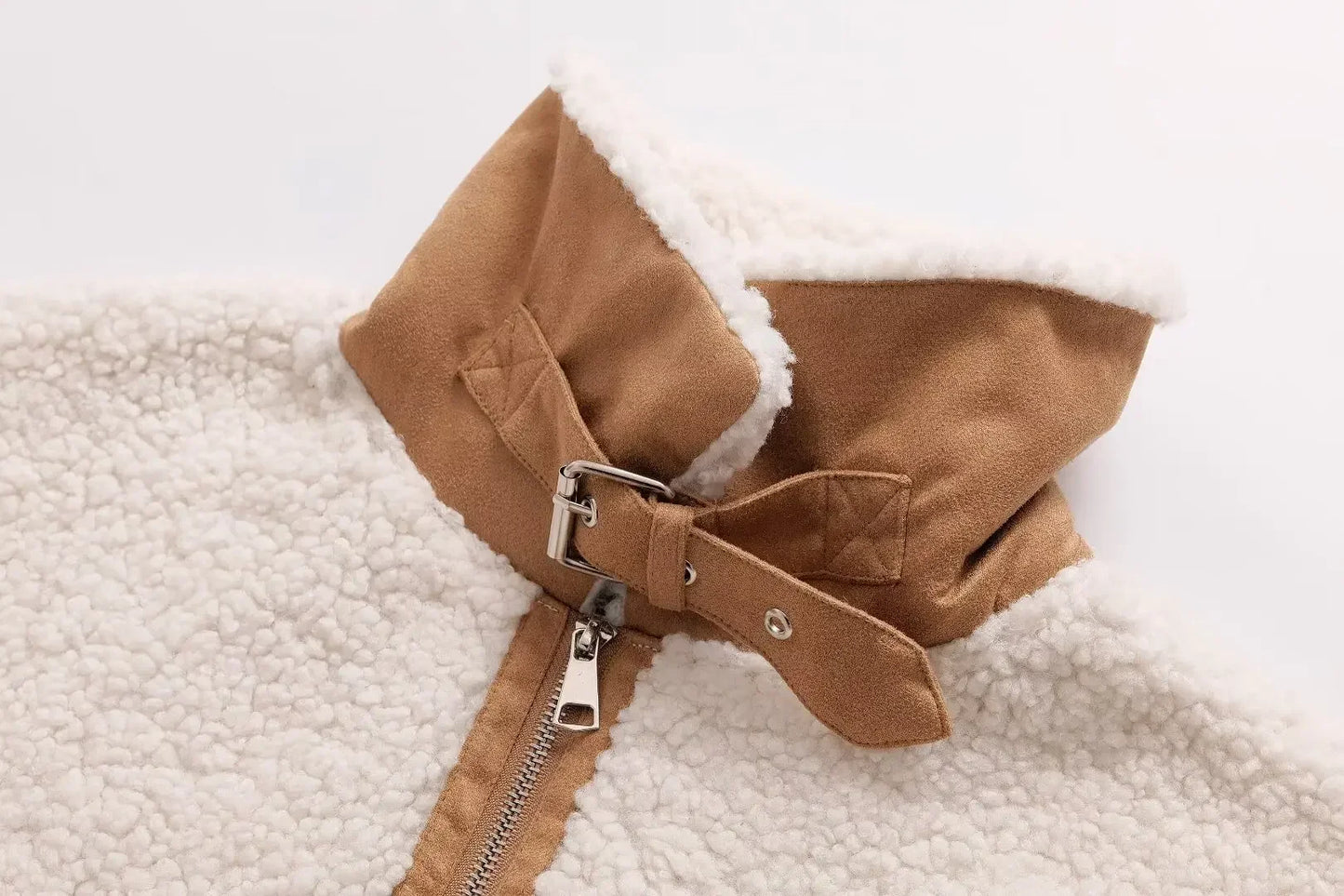 Women's new Fashion loose side pocket warm Fur Faux Leather stand collar jacket coat retro long sleeved women's coat chic top