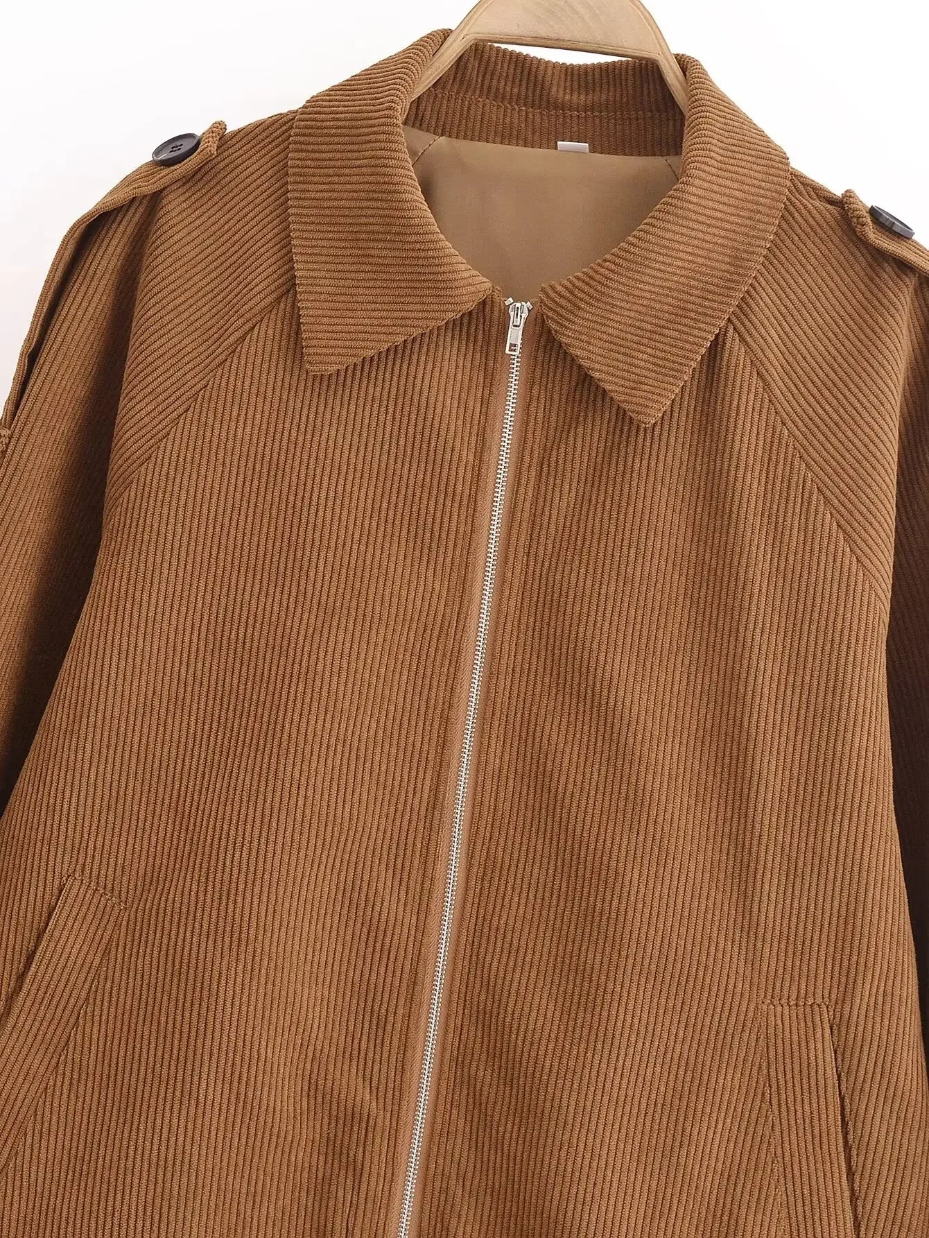 Women's new fashion loose side pocket casual versatile corduroy jacket Coat retro long sleeved zipper women's Coat chic top