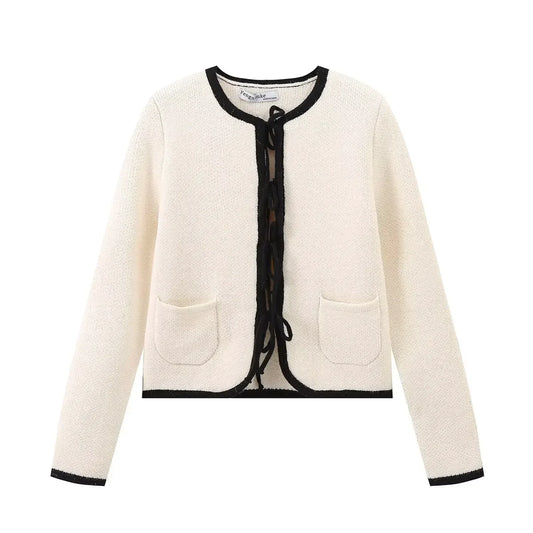 Women's 2024 new fashion pocket decoration casual short O Neck knitted coat retro long sleeved lace up women's coat chic top