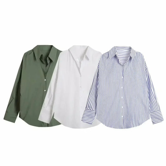 Women's 2024 new fashion loose basic style casual single breasted striped shirt retro long sleeved women's shirt chic top 