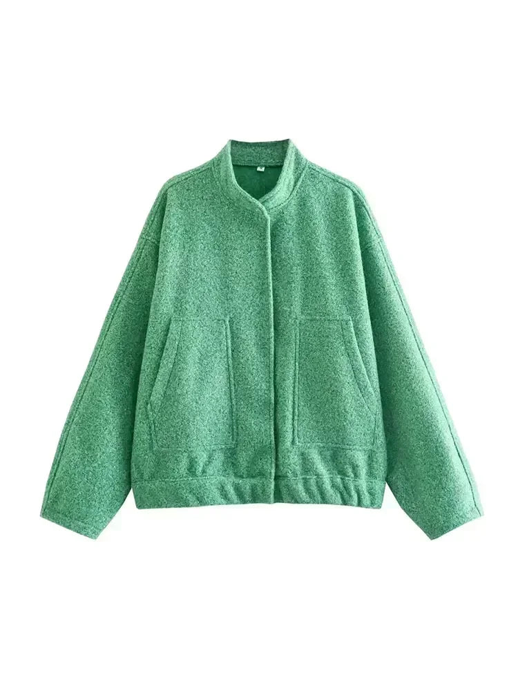 Women Fashion With Pockets Oversized Bomber Jacket Coat Vintage Long Sleeve Snap Button Female Outerwear Chic Tops