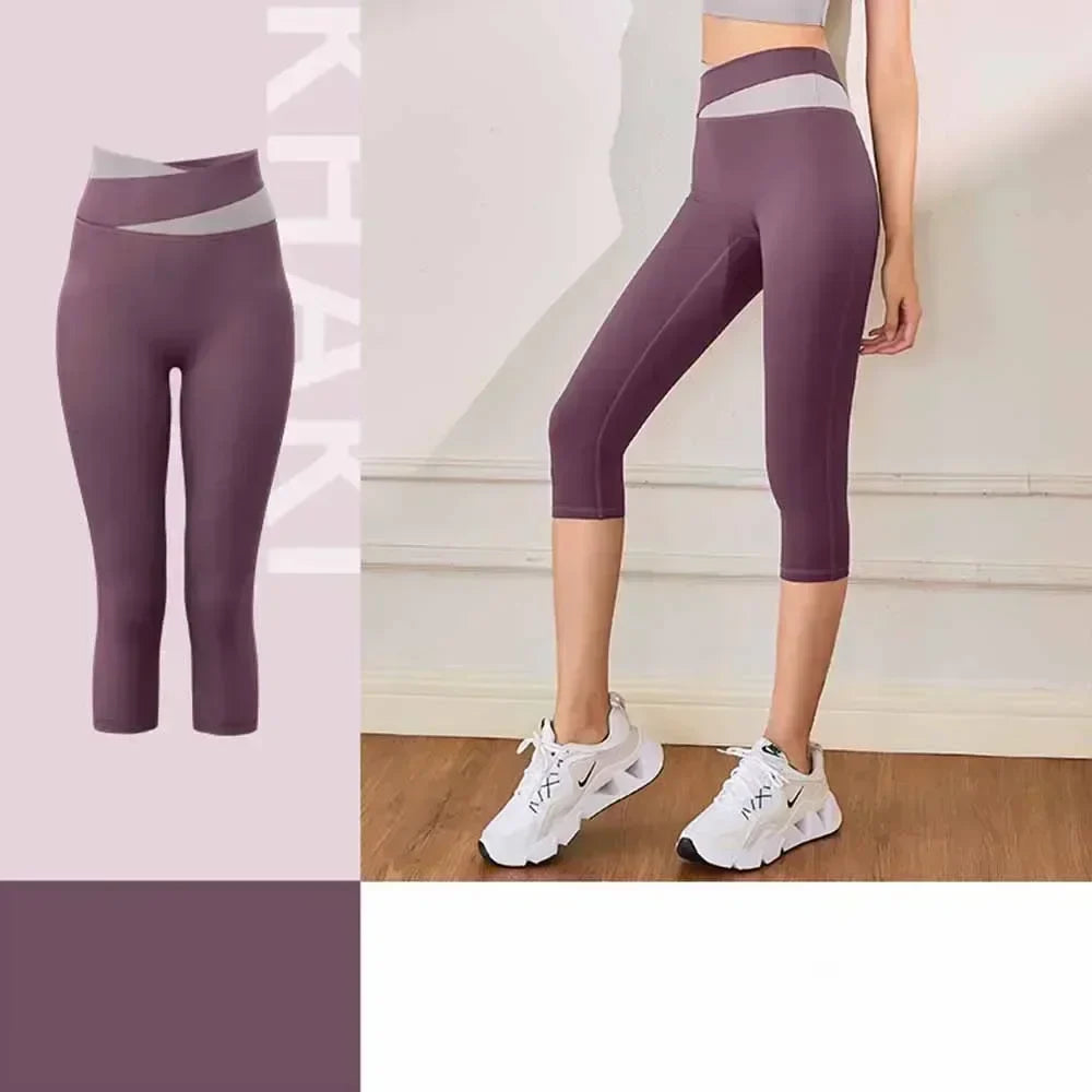 Women's High Elastic Nude Seven-point Yoga Pants Peach Color Matching High Waist Hip Lifting Exercise Pants 