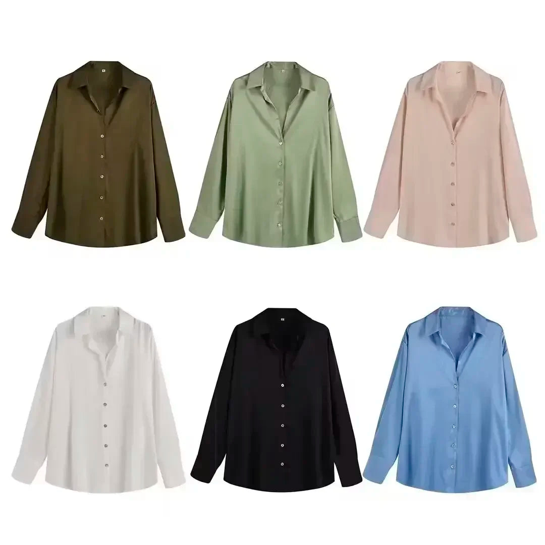 Women's 2024 new fashion multi-color loose satin shirt casual Lapel shirt retro long sleeved button up women's shirt chic top 