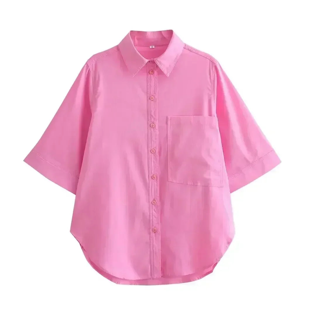 Women's new fashion large pocket decoration loose linen blend casual shirt retro short sleeved Button up women's shirt