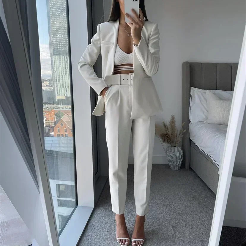 set Women 2 pieces 2023 New Fashion Collarless explosion Blazer Coat Vintage Belt suit pants Female Outerwear Chic 