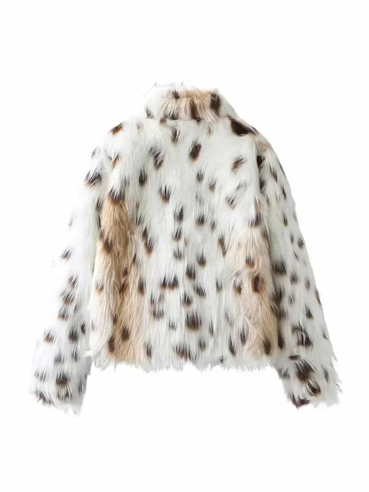 Women's new fashion faux fur effect casual side pocket printed striped Coat retro stand Neck long sleeved women's Coat chic top