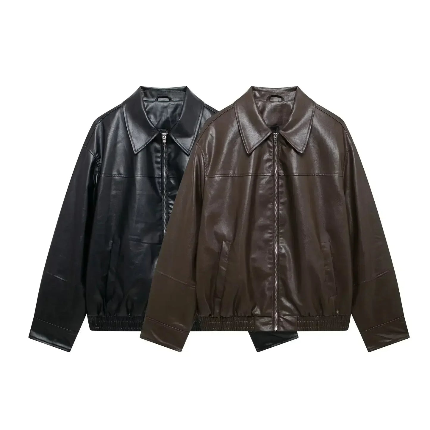 Women's 2024 New Fashion Casual Side Pocket Solid Lapel Faux Leather Jacket Coat Retro Long Sleeve Zipper Women's Coat Chic Top 