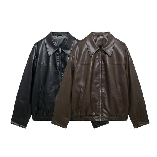Women's 2024 New Fashion Casual Side Pocket Solid Lapel Faux Leather Jacket Coat Retro Long Sleeve Zipper Women's Coat Chic Top 