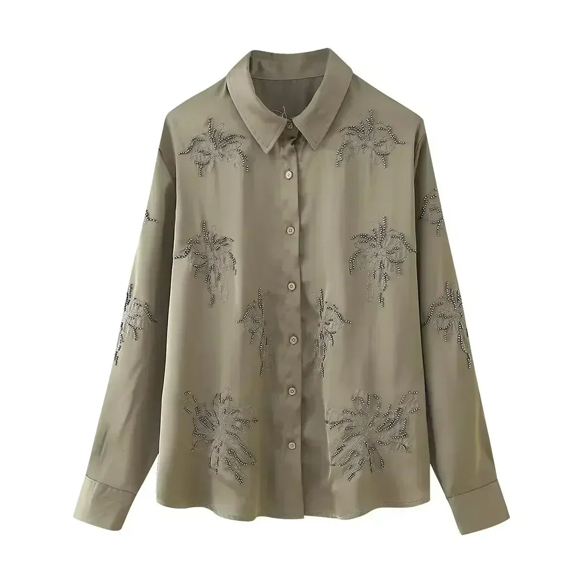 Women's new fashion beaded decoration casual lapel embroidered women's shirt retro long sleeved Button up women's shirt 