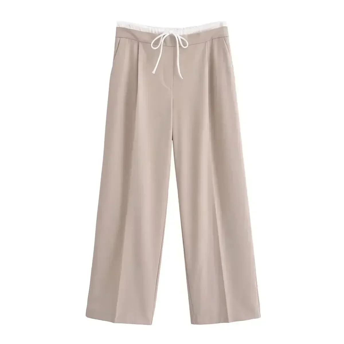 Women's 2024 New Fashion Double Layer Waist Lace up Design Casual Versatile Wide Leg Pants Retro Side Zipper Women's Pants