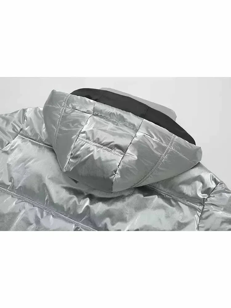 Women 2023 Winter Fashion Metal series Cropped Solid Warm Cotton Coat Vintage Long Sleeve Zipper Female Outerwear Chic Tops 