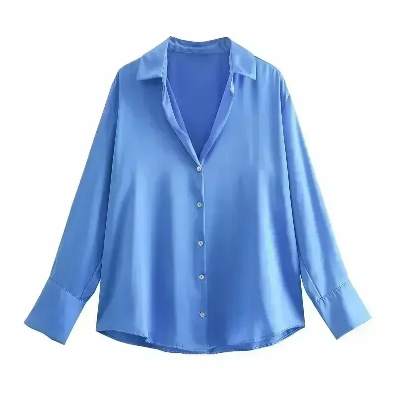Women 2023 spring New Fashion Multicolor Silk satin texture hang down Blouses Long Sleeve Button-up Female Shirts Tops 