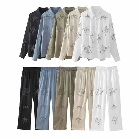 Women's new fashion beaded decoration casual lapel embroidered women's shirt retro long sleeved Button up women's shirt 