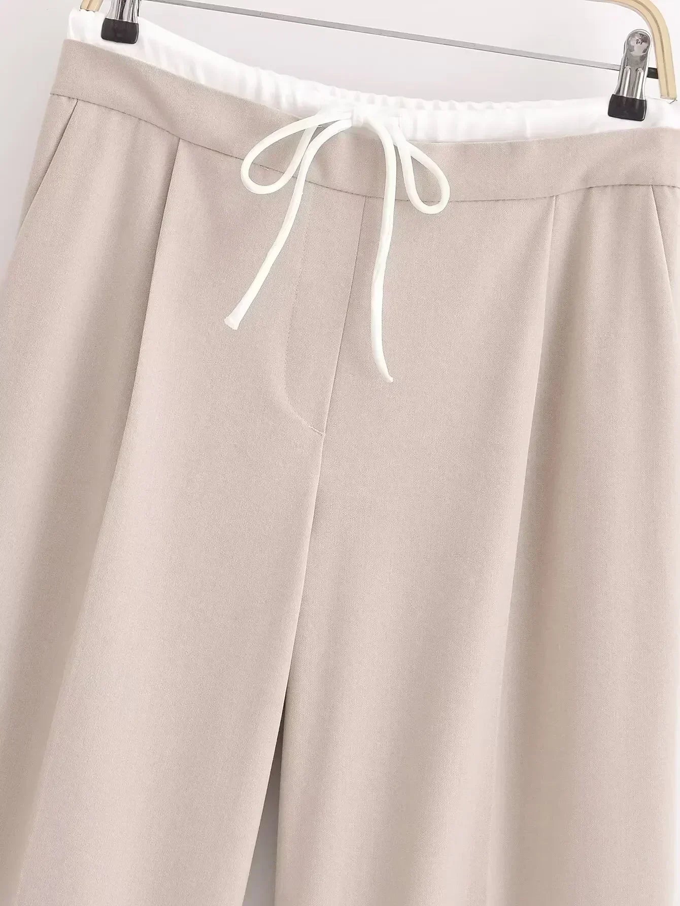 Women's 2024 New Fashion Double Layer Waist Lace up Design Casual Versatile Wide Leg Pants Retro Side Zipper Women's Pants