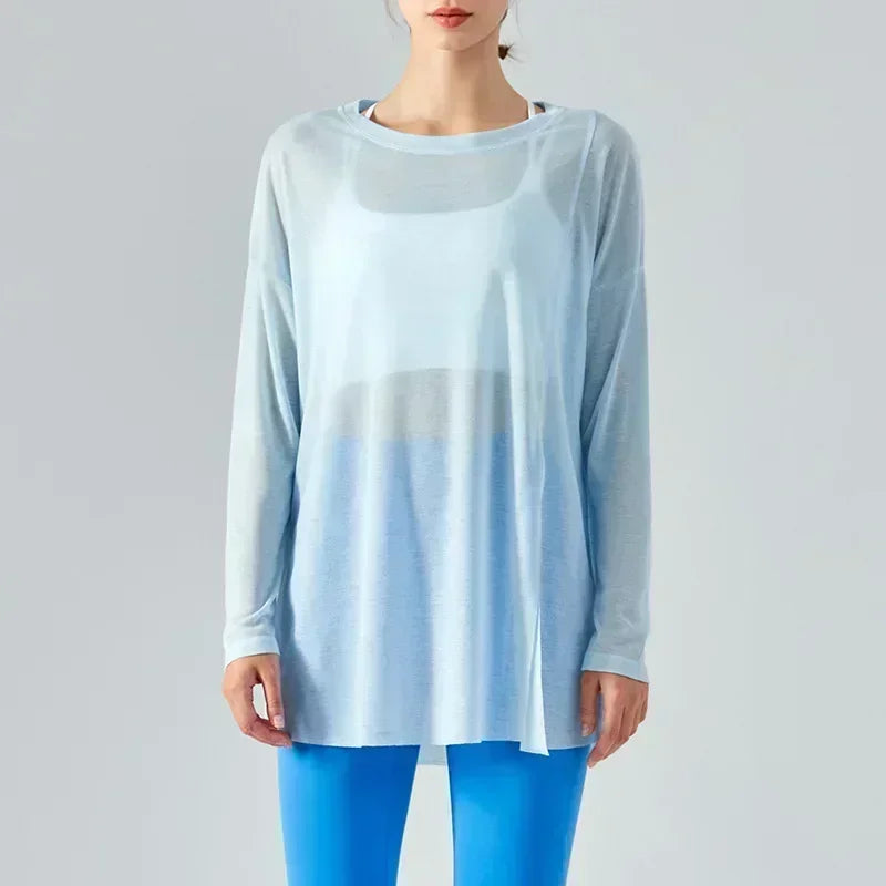 LU Women's New One-sided Split Long-sleeved Yoga Blouses Women's Summer Light Sports Tops Loose Running Fitness Clothes